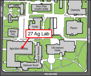 Map photo of Ag Lab, shown to be connected to the Agriculture Science building on the northeast side, and north of the Annheuser-Busch Natural Resources building
